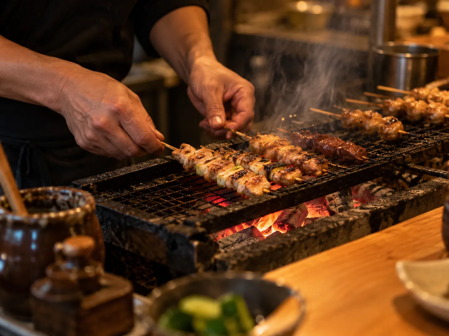 炭火で焼く料理人の手元